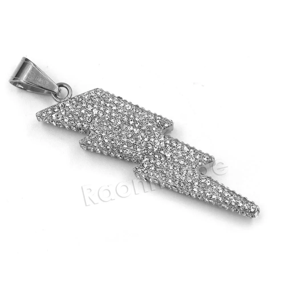 316L Stainless Steel Thunder Lightning Iced Pendant w/ 4mm Miami Cuban Chain