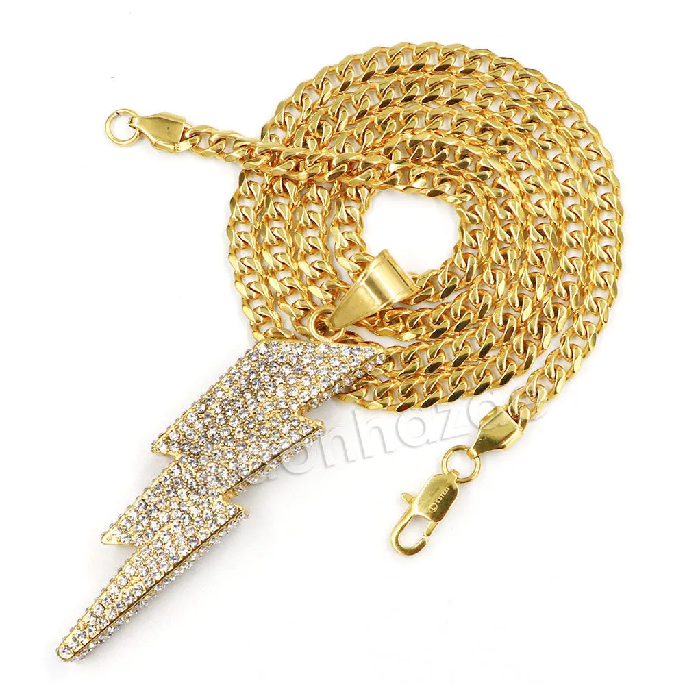 316L Stainless Steel Thunder Lightning Iced Pendant w/ 4mm Miami Cuban Chain