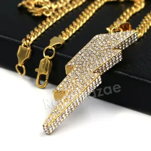 316L Stainless Steel Thunder Lightning Iced Pendant w/ 4mm Miami Cuban Chain