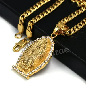 316L Stainless Virgin of Guadalupe Blinged Out Out Pendant w/ 4m Cuban Chain