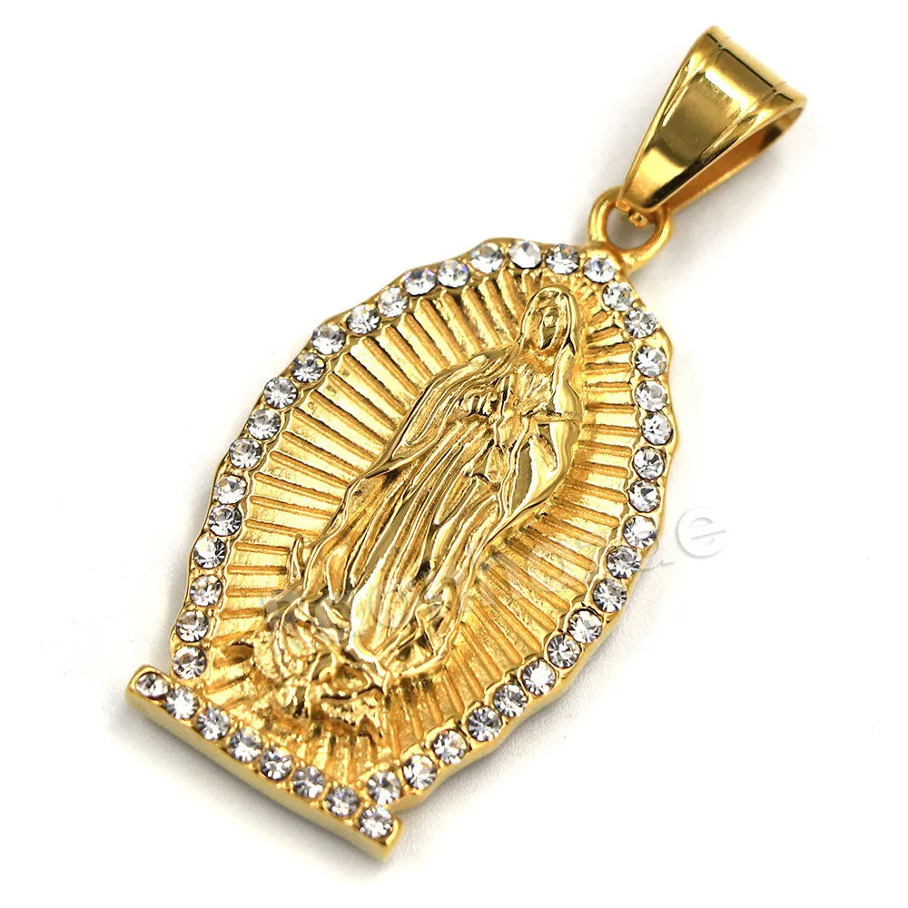 316L Stainless Virgin of Guadalupe Blinged Out Out Pendant w/ 4m Cuban Chain