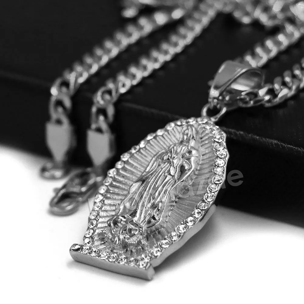 316L Stainless Virgin of Guadalupe Blinged Out Out Pendant w/ 4m Cuban Chain