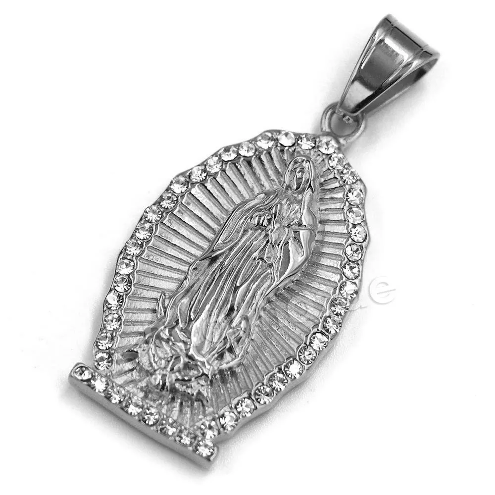 316L Stainless Virgin of Guadalupe Blinged Out Out Pendant w/ 4m Cuban Chain