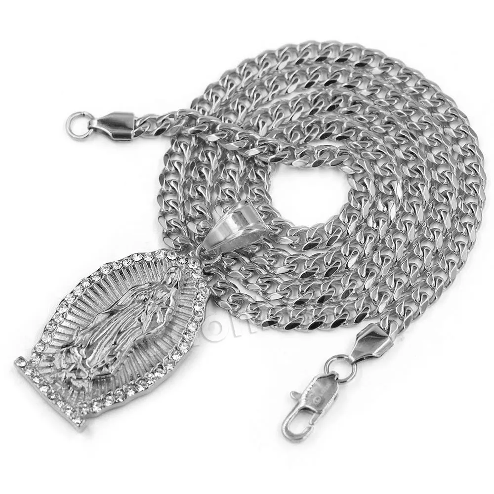 316L Stainless Virgin of Guadalupe Blinged Out Out Pendant w/ 4m Cuban Chain