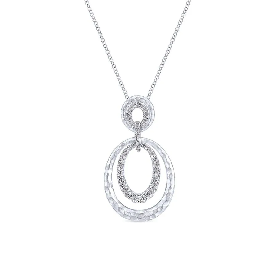 925 Sterling Silver Hammered Layered Oval White Sapphire Double Loop Necklace