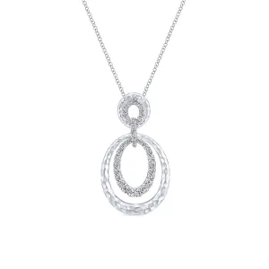 925 Sterling Silver Hammered Layered Oval White Sapphire Double Loop Necklace