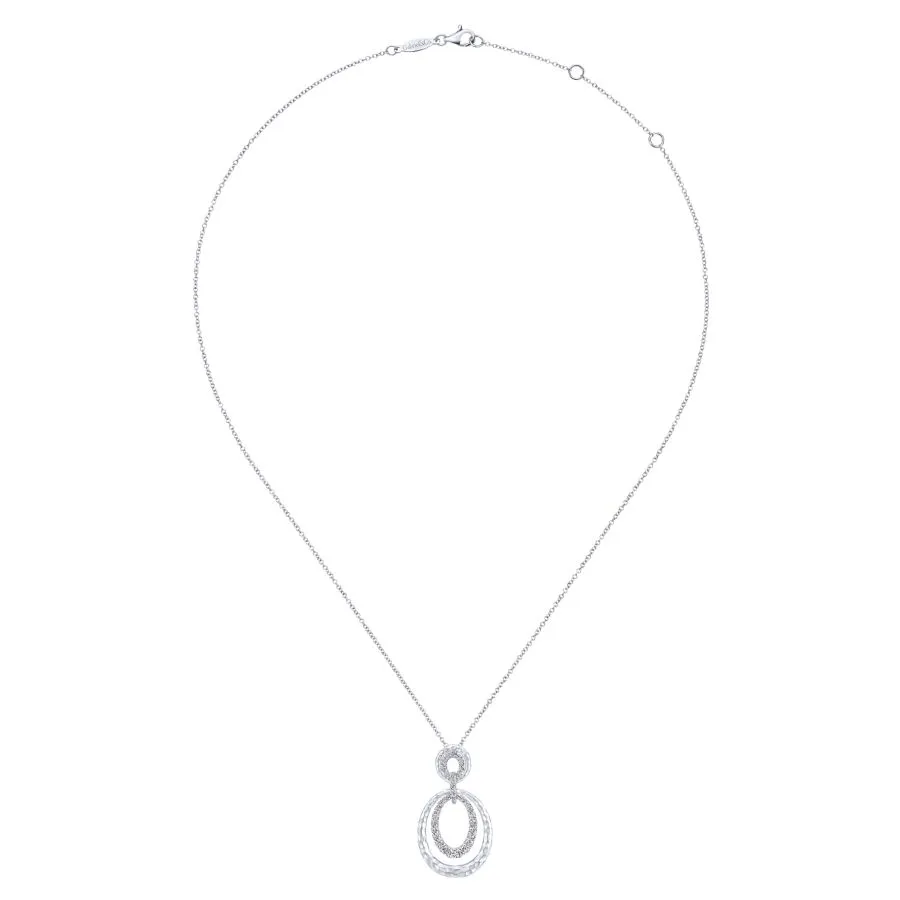 925 Sterling Silver Hammered Layered Oval White Sapphire Double Loop Necklace