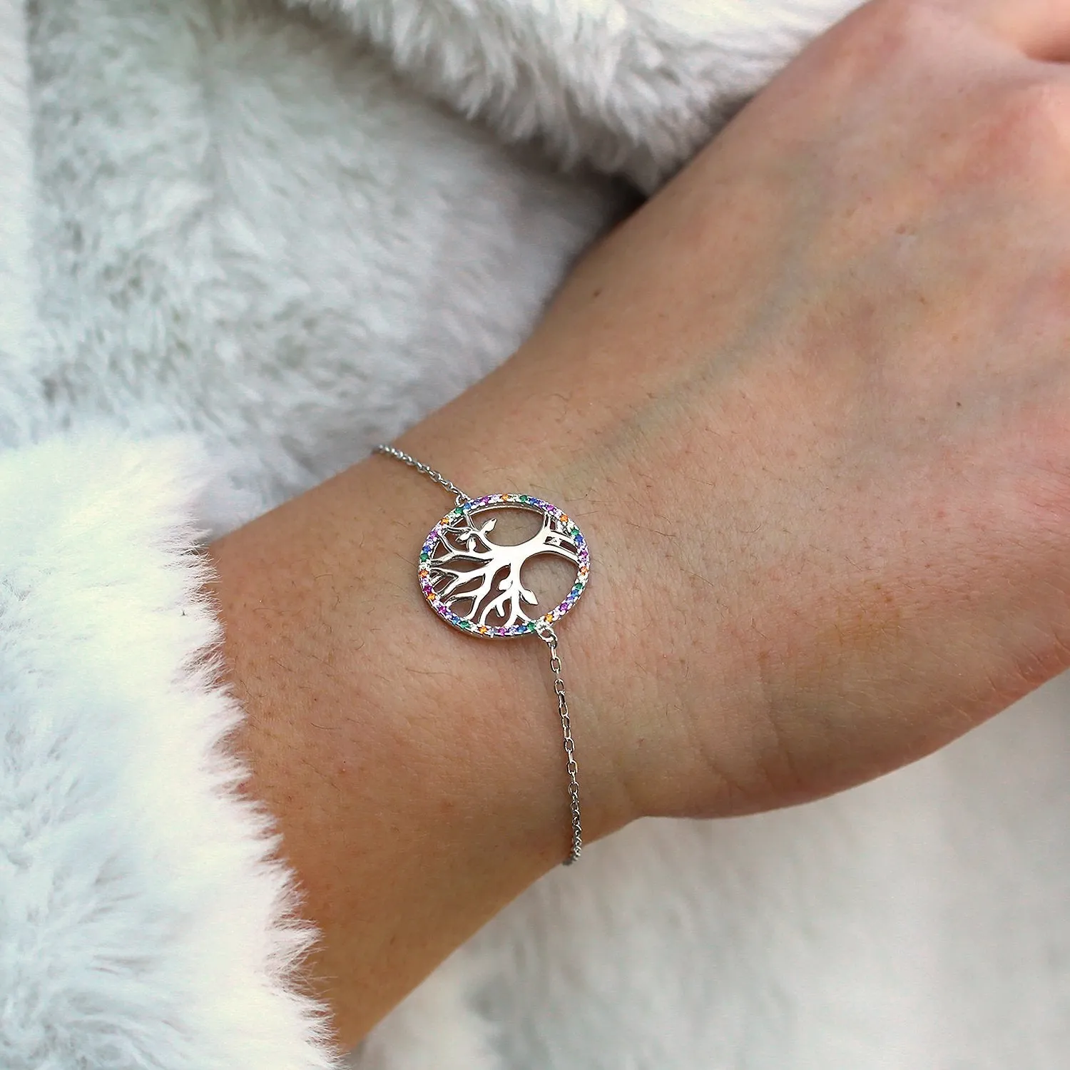 925 Sterling Silver Micro Pave Rainbow Tree of Life Disc Bracelet