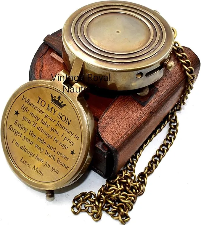 AASIYA Brass Nautical Portable Pocket Compass with Chain and Leather Case for Hiking Travel Quote Engravable Outdoor Compass