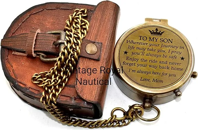 AASIYA Brass Nautical Portable Pocket Compass with Chain and Leather Case for Hiking Travel Quote Engravable Outdoor Compass