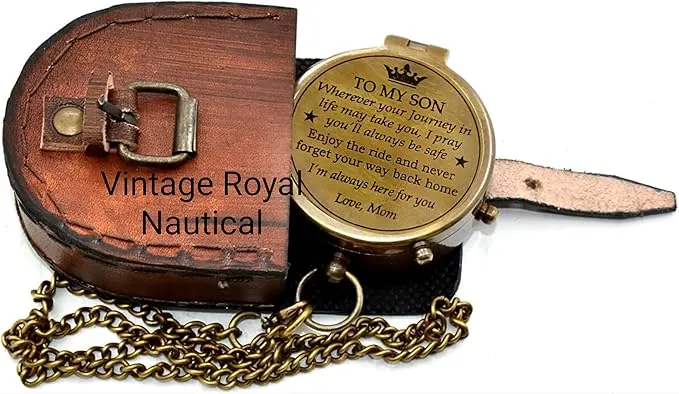 AASIYA Brass Nautical Portable Pocket Compass with Chain and Leather Case for Hiking Travel Quote Engravable Outdoor Compass