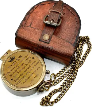 AASIYA Brass Nautical Portable Pocket Compass with Chain and Leather Case for Hiking Travel Quote Engravable Outdoor Compass