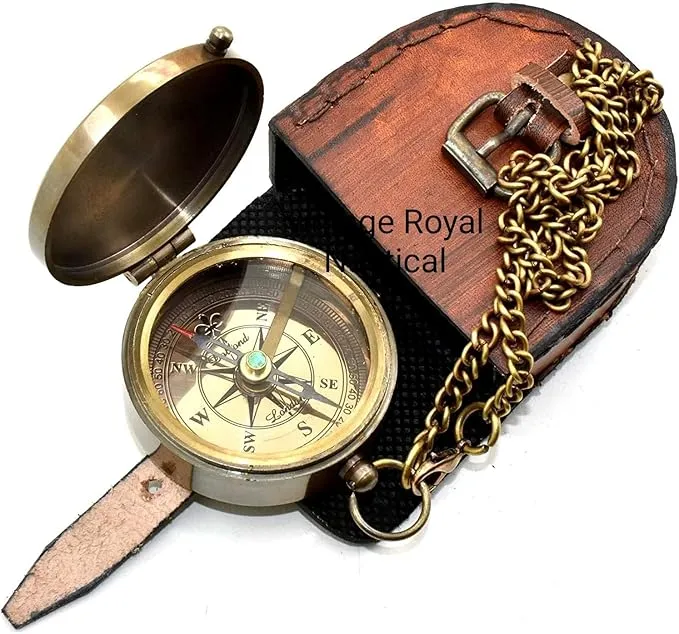 AASIYA Brass Nautical Portable Pocket Compass with Chain and Leather Case for Hiking Travel Quote Engravable Outdoor Compass