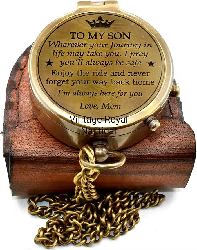 AASIYA Brass Nautical Portable Pocket Compass with Chain and Leather Case for Hiking Travel Quote Engravable Outdoor Compass