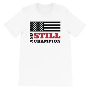 And Still Champion flag with ASC logo on back label men's T-shirt