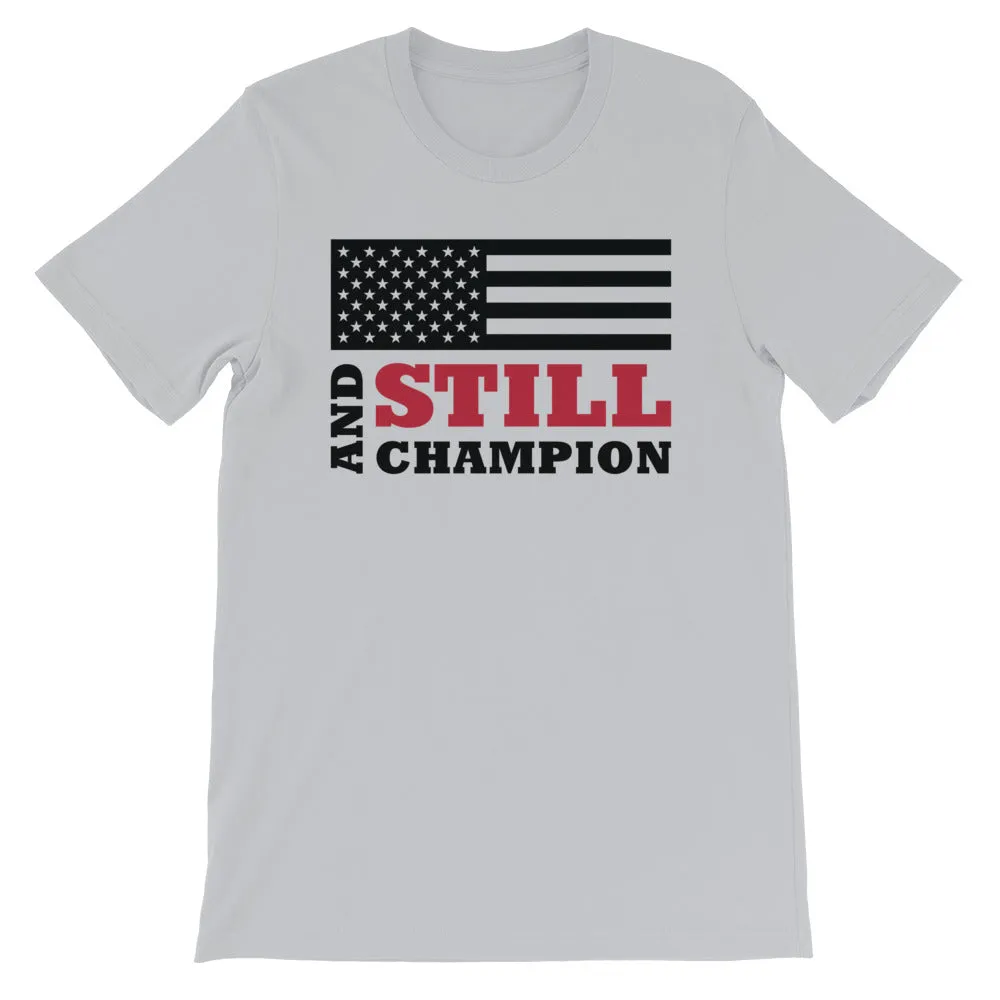 And Still Champion flag with ASC logo on back label men's T-shirt