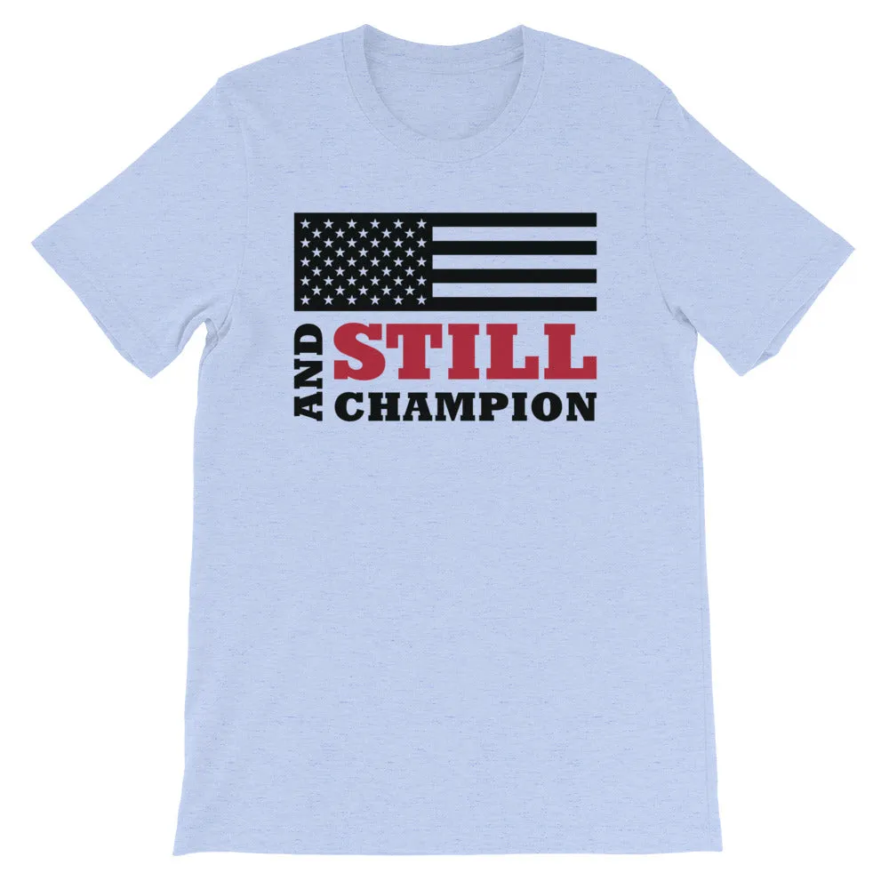And Still Champion flag with ASC logo on back label men's T-shirt