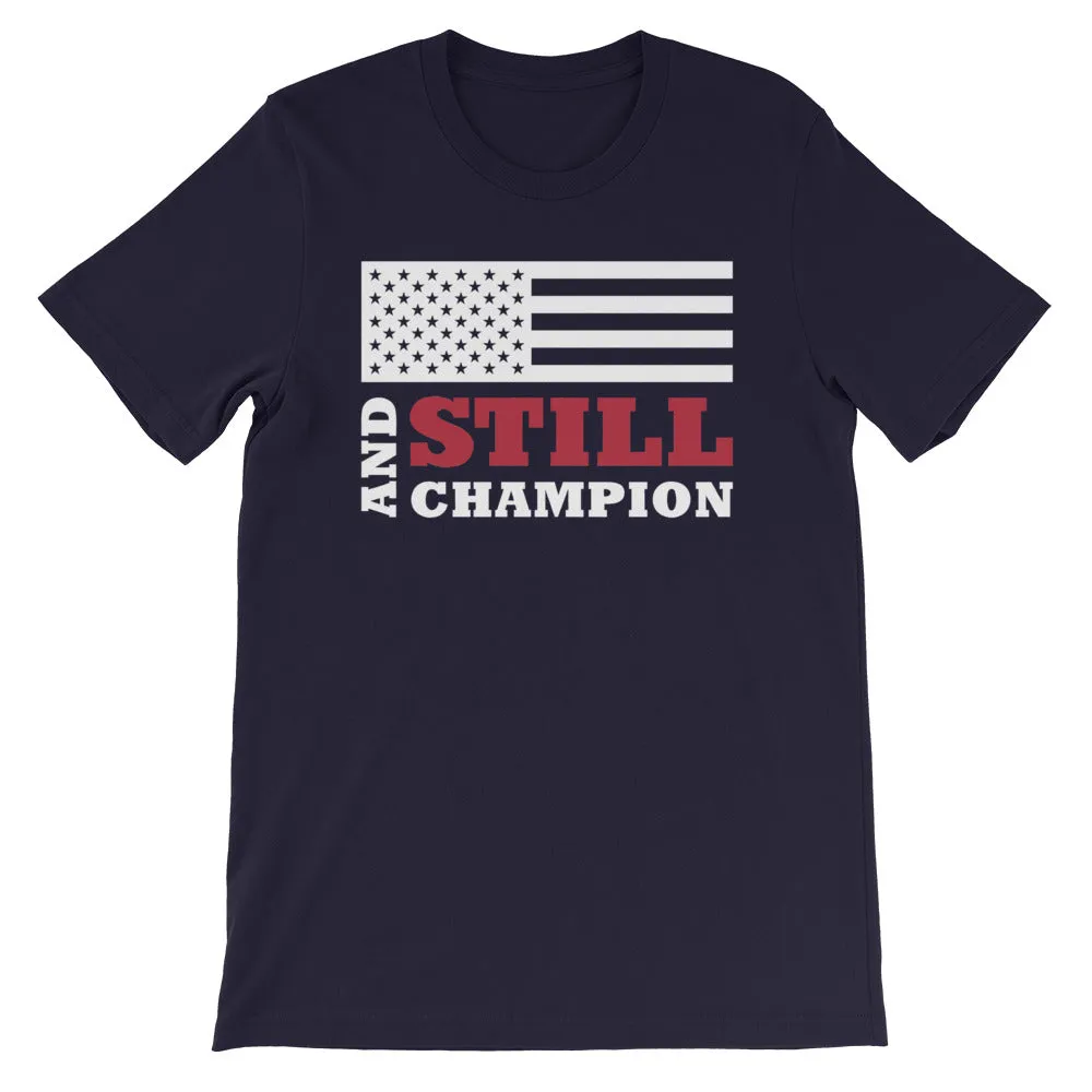 And Still Champion flag with ASC logo on back label men's T-shirt