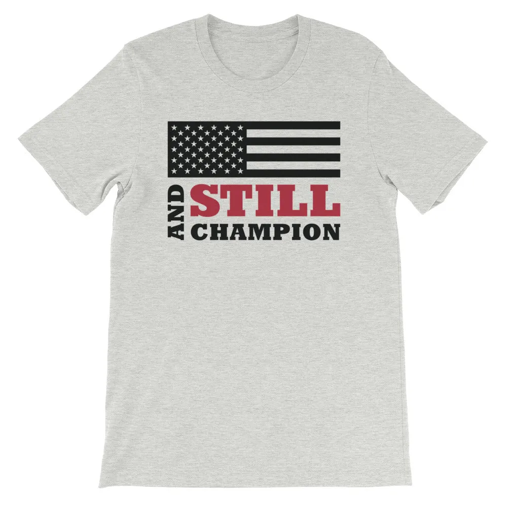 And Still Champion flag with ASC logo on back label men's T-shirt