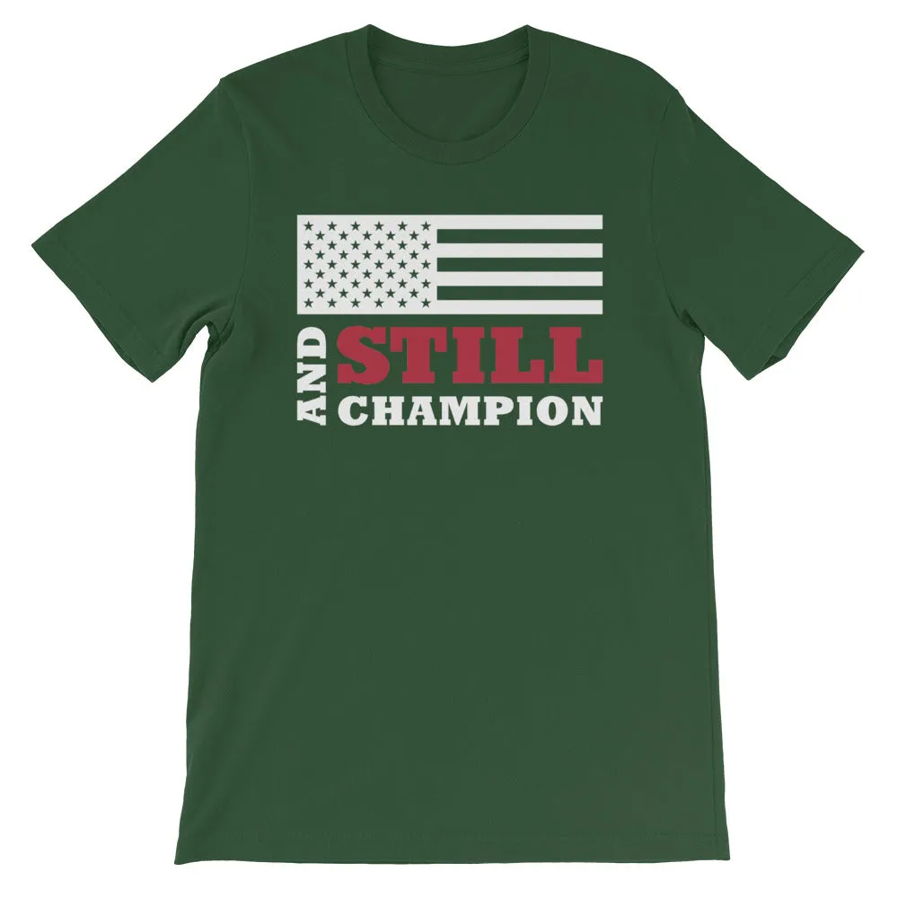And Still Champion flag with ASC logo on back label men's T-shirt