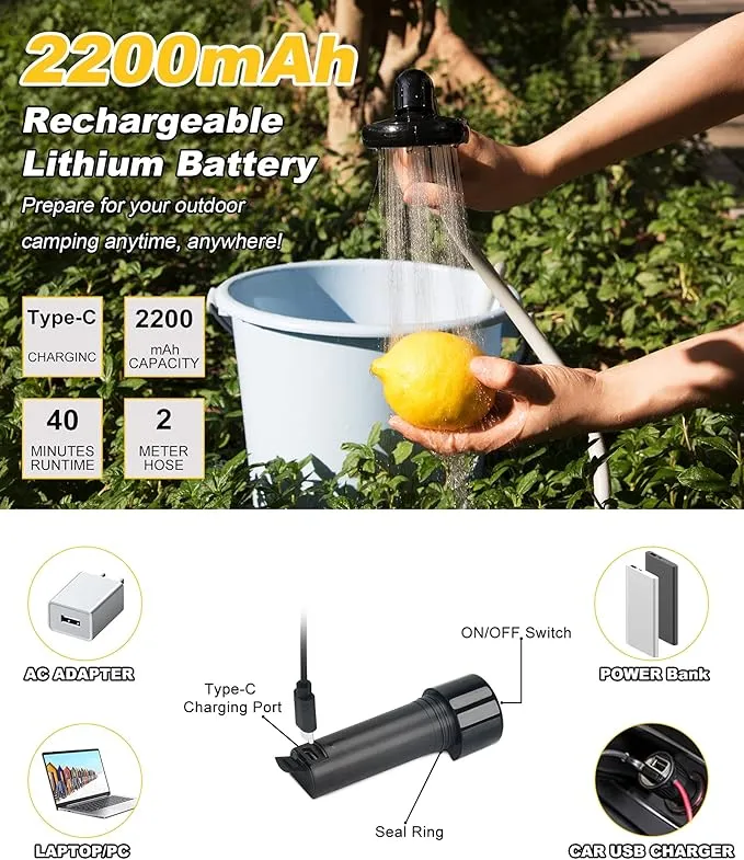 anngrowy Portable Shower for Camping - Battery Powered Compact Handheld Outdoor Rechargeable Showerhead Camp Shower Pump Electric Portable Shower Head for Pet Cleaning Beach Washing Hiking Traveling
