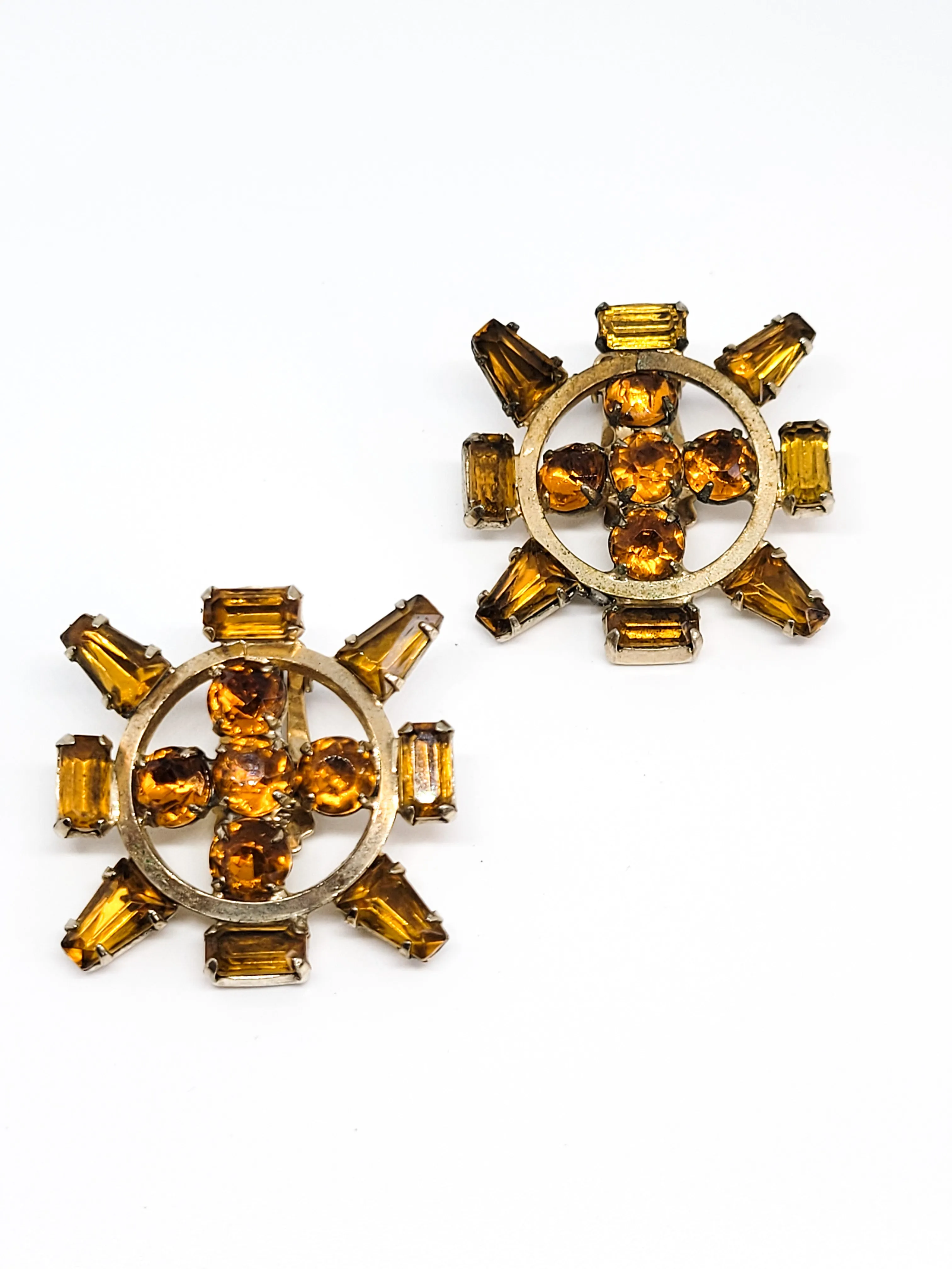 Art Deco topaz orange rhinestone geometric vintage clip on earrings
