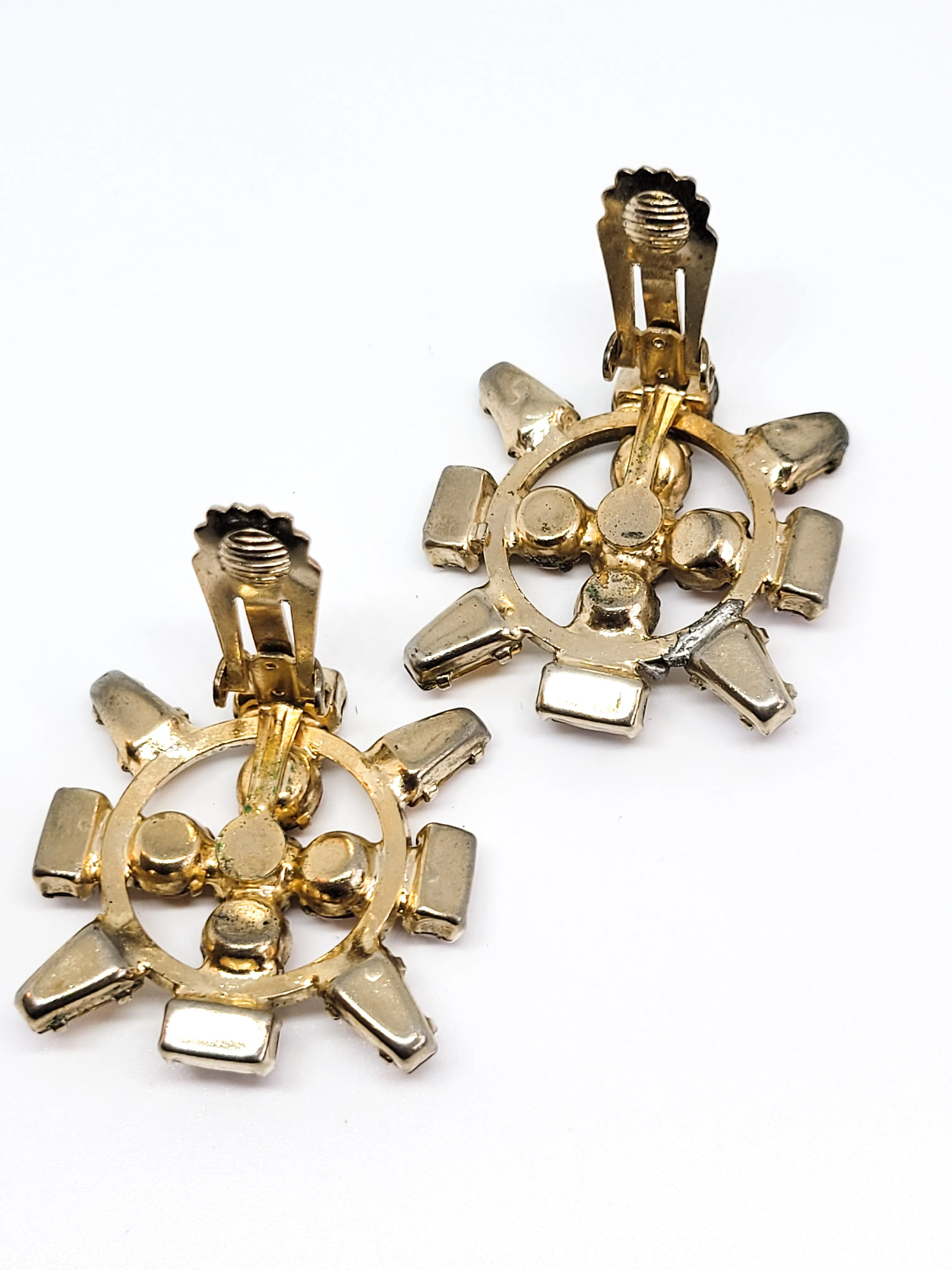 Art Deco topaz orange rhinestone geometric vintage clip on earrings