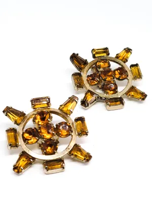 Art Deco topaz orange rhinestone geometric vintage clip on earrings