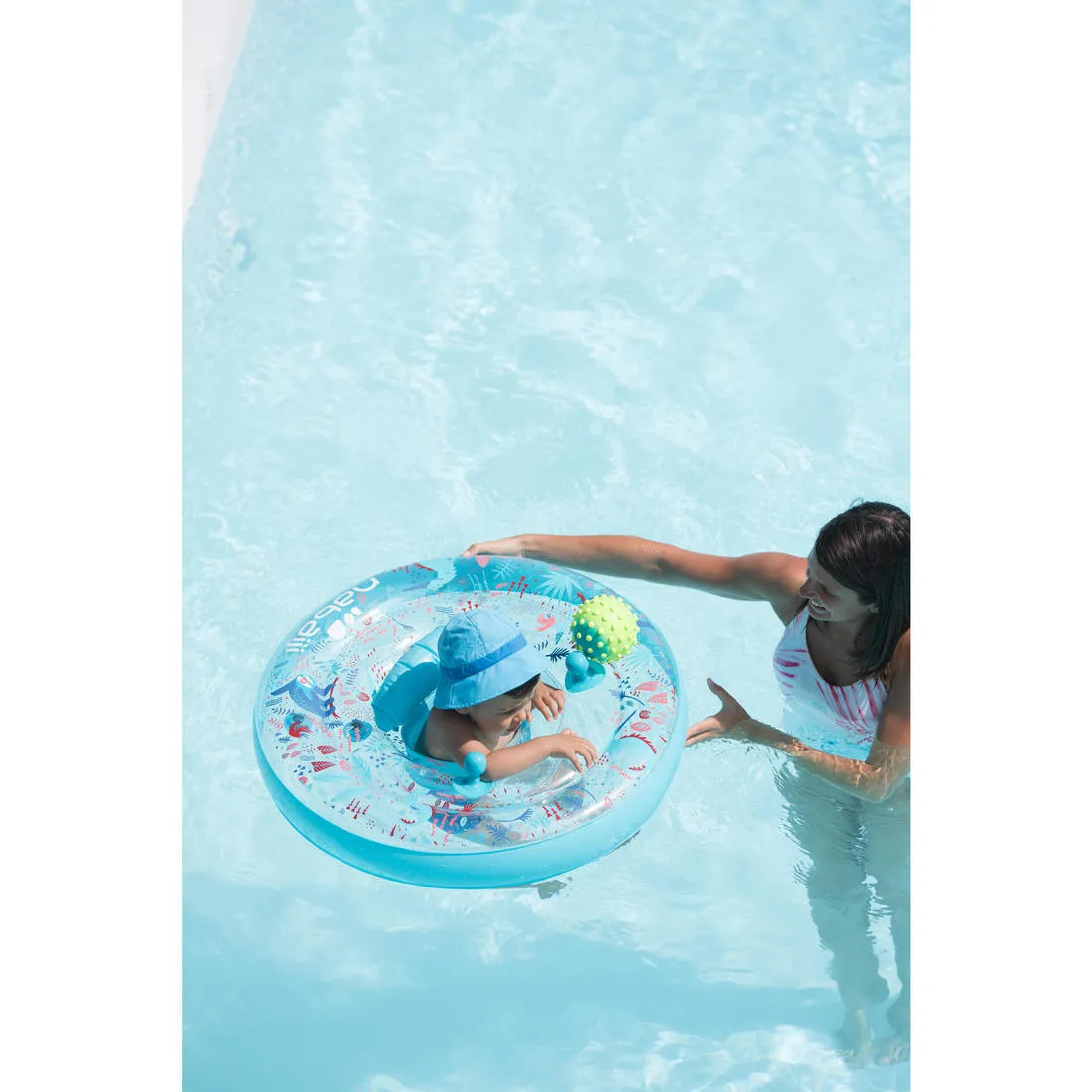 Baby's inflatable pool ring, seat and handles for infants 7- 15 kg transparent