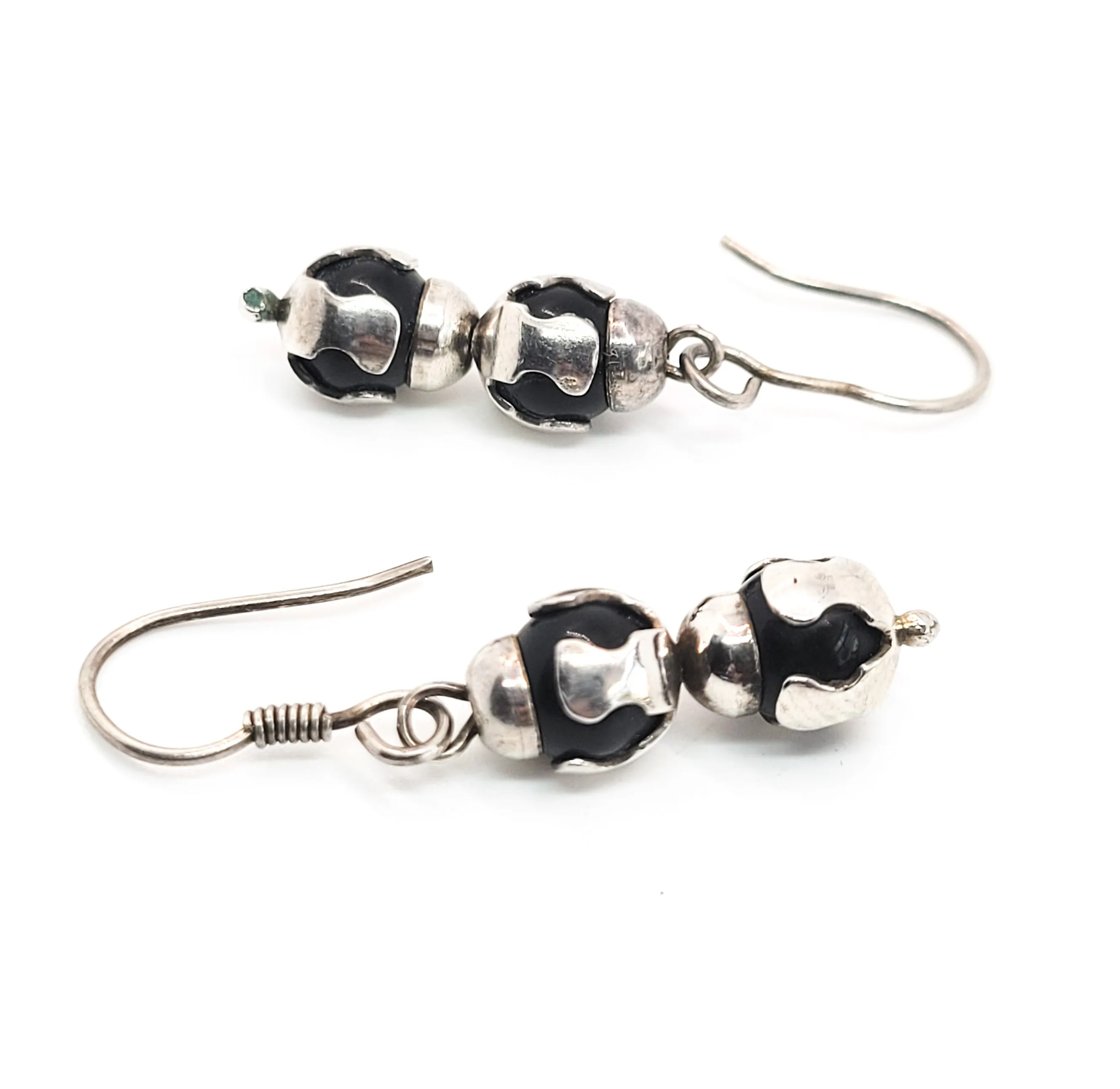 Black and silver abstract drop sterling silver beaded vintage hook earrings 925