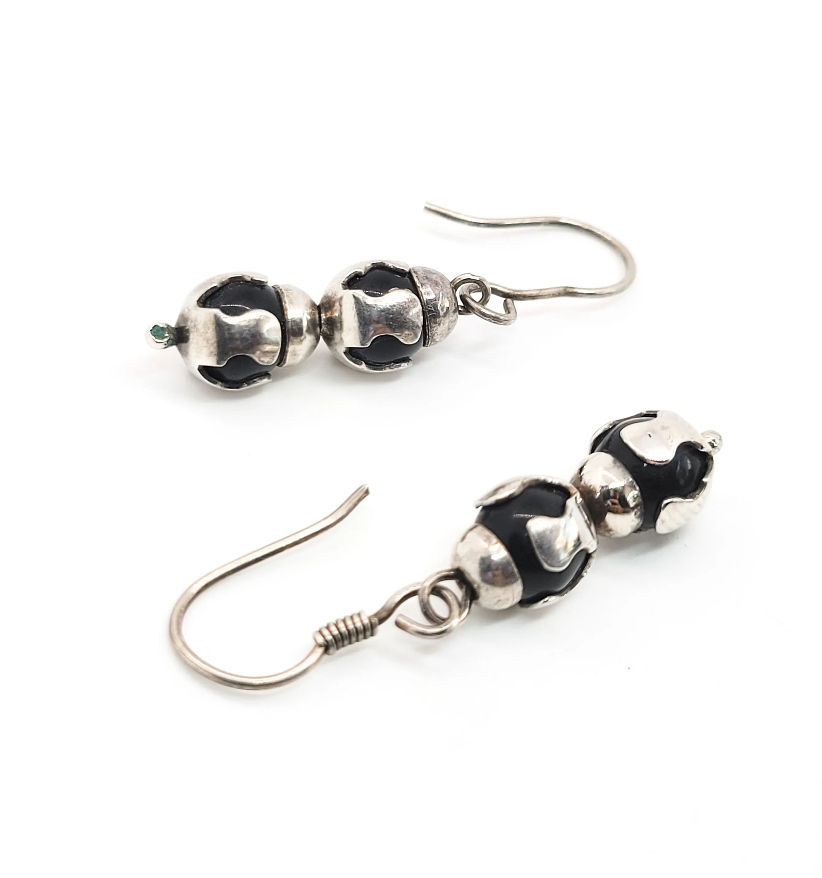 Black and silver abstract drop sterling silver beaded vintage hook earrings 925