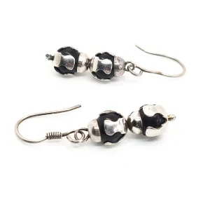Black and silver abstract drop sterling silver beaded vintage hook earrings 925