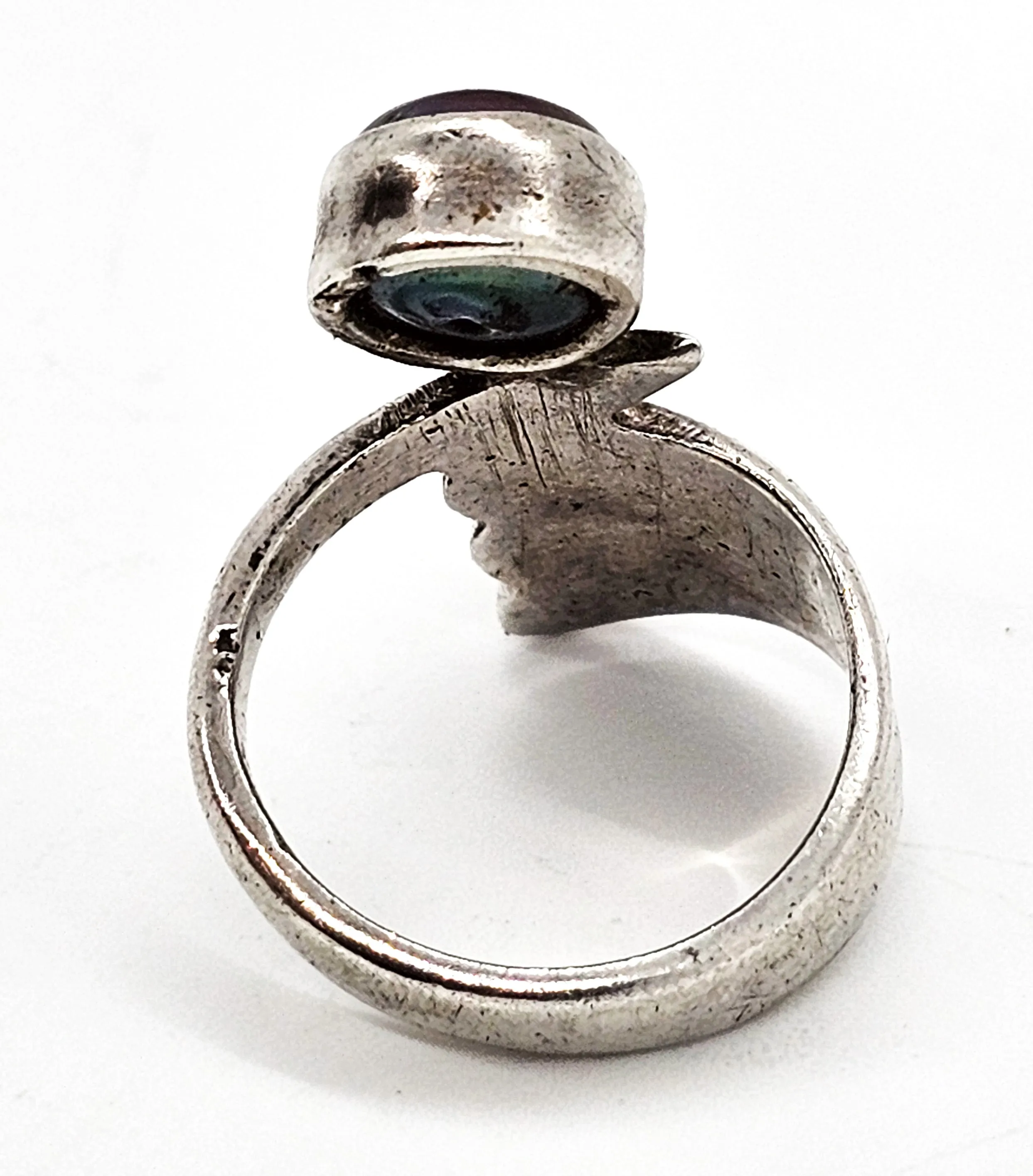 Black Pearl and synthetic purple amethyst sterling silver wave ring size 6