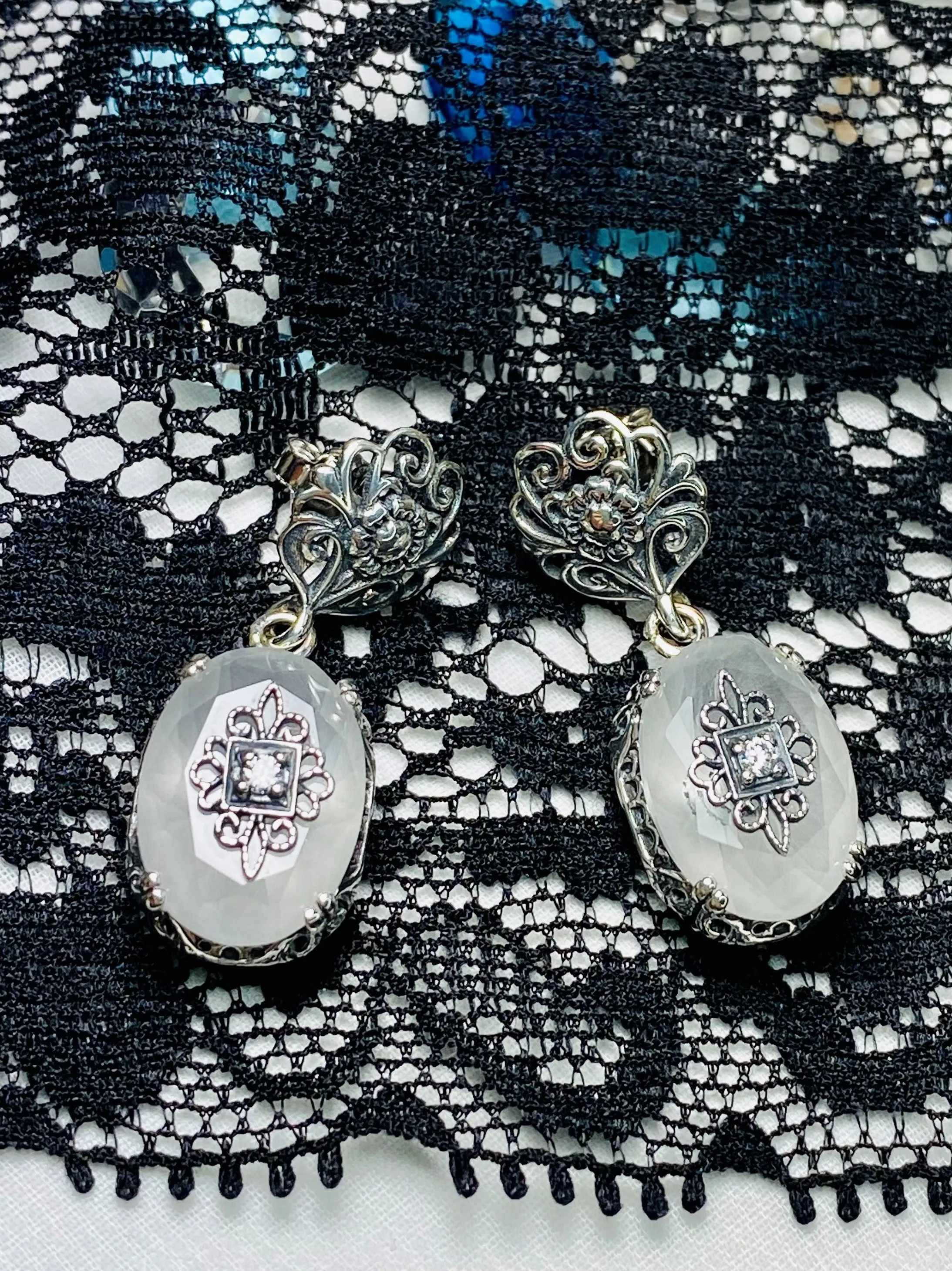 Camphor Earrings, Sterling Silver Embellishment, Vintage Edwardian Jewelry #E70e