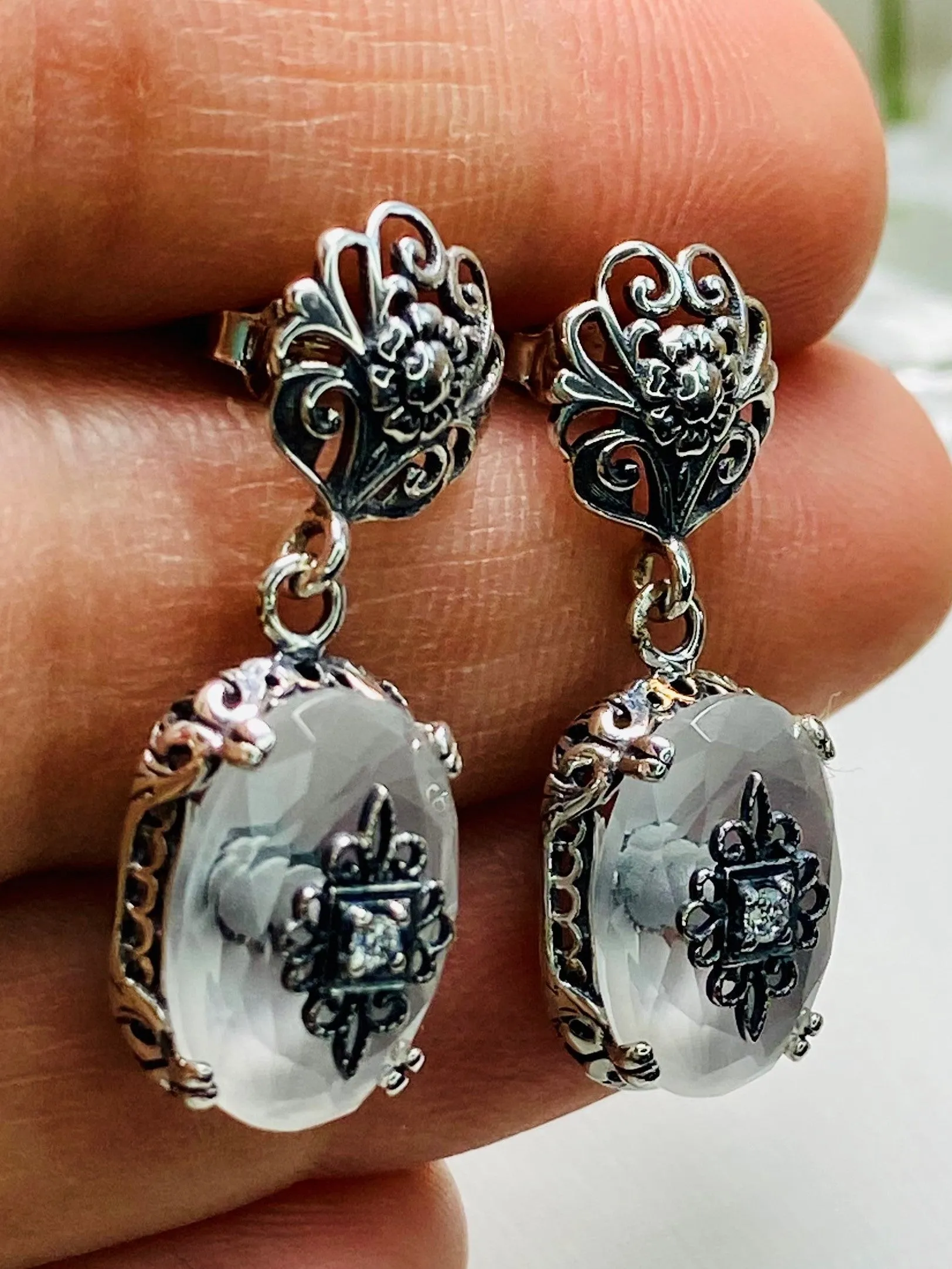 Camphor Earrings, Sterling Silver Embellishment, Vintage Edwardian Jewelry #E70e