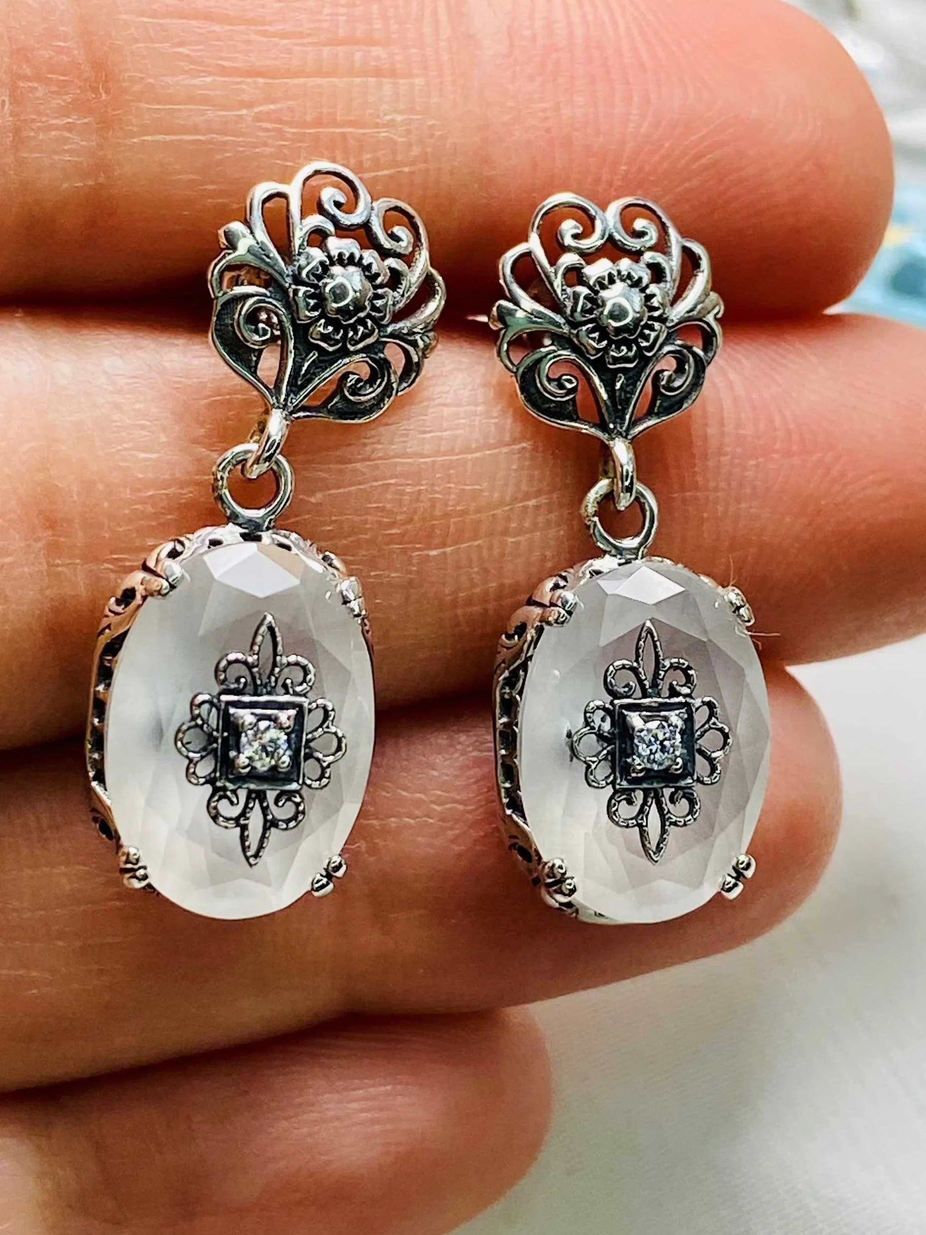 Camphor Earrings, Sterling Silver Embellishment, Vintage Edwardian Jewelry #E70e