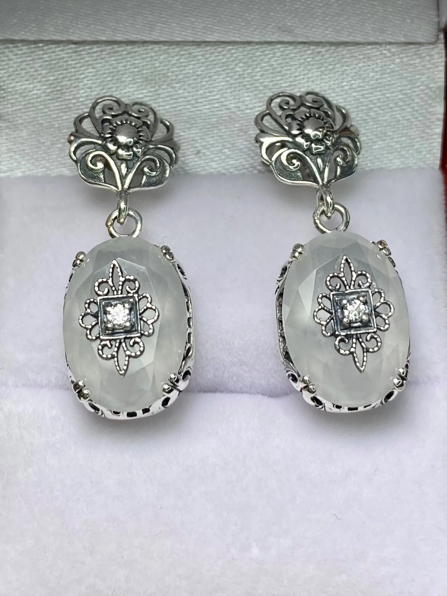 Camphor Earrings, Sterling Silver Embellishment, Vintage Edwardian Jewelry #E70e