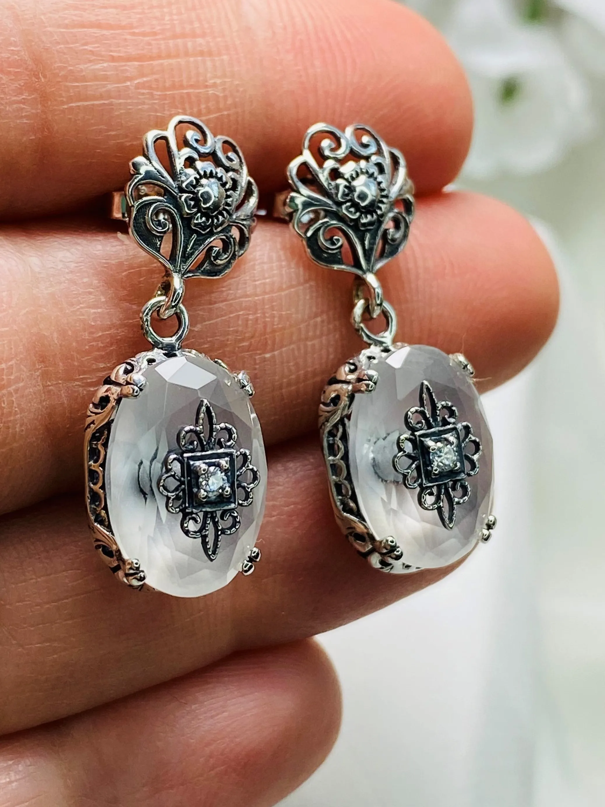 Camphor Earrings, Sterling Silver Embellishment, Vintage Edwardian Jewelry #E70e