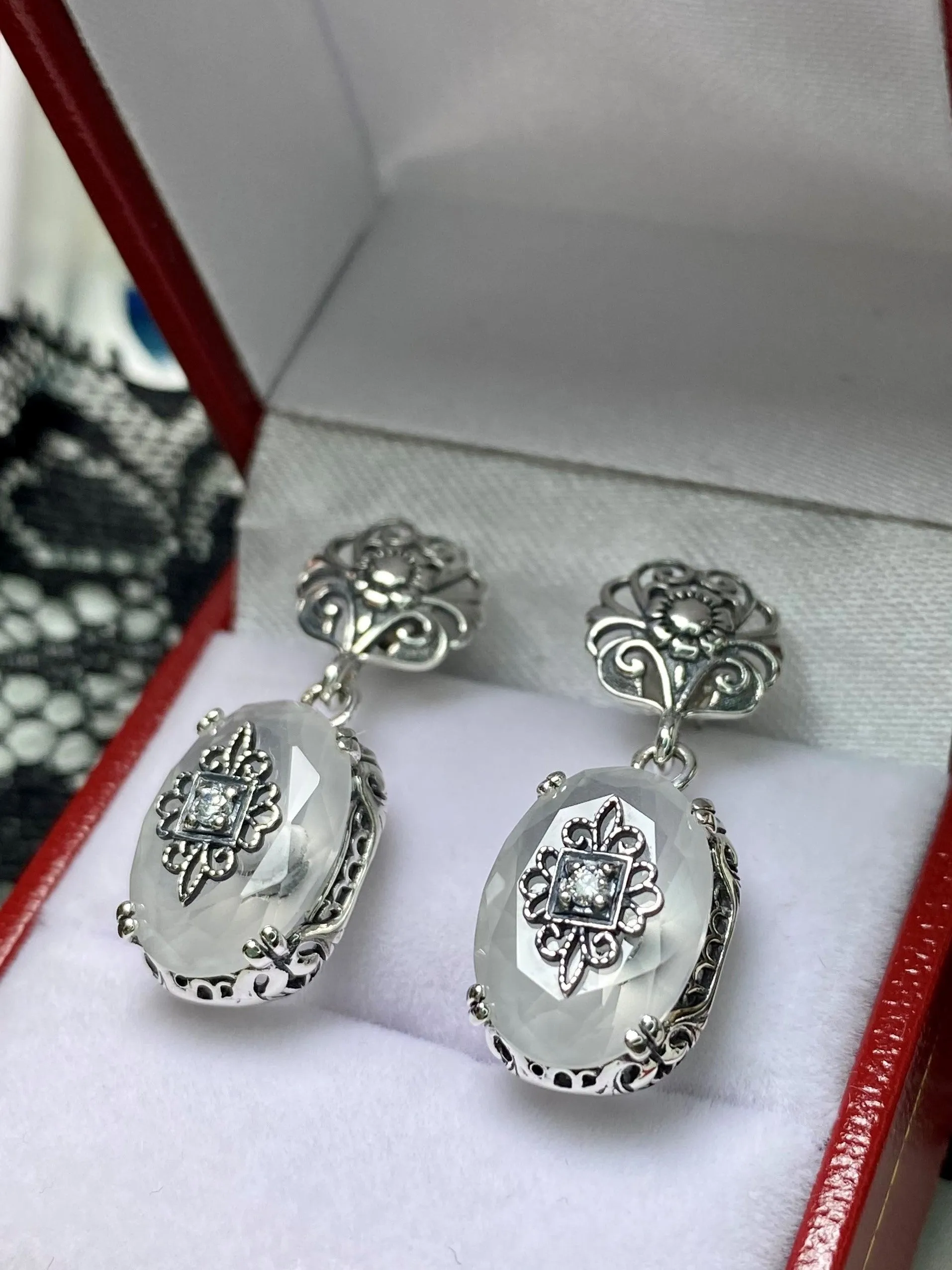 Camphor Earrings, Sterling Silver Embellishment, Vintage Edwardian Jewelry #E70e
