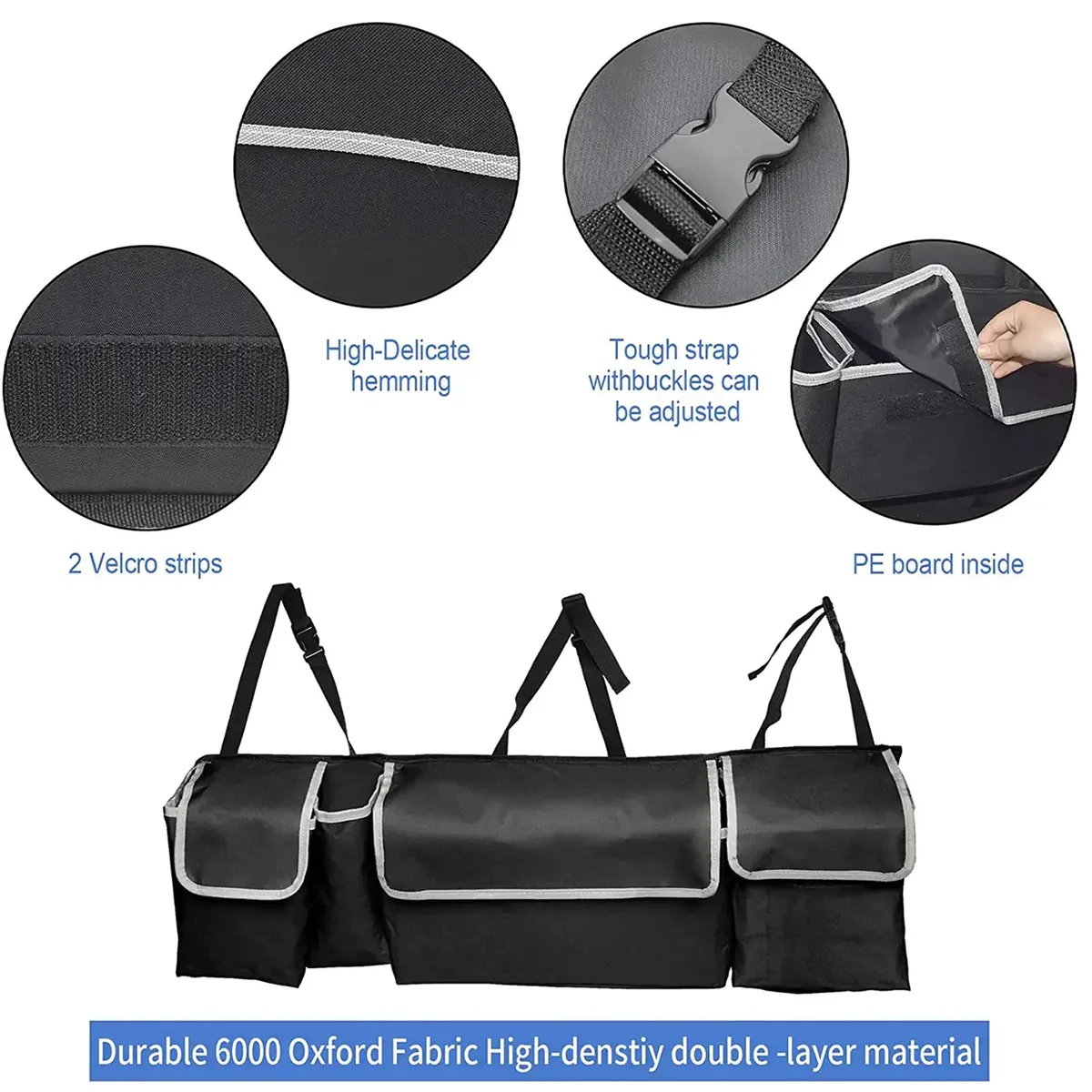 Car Trunk Hanging Organizer Fit Your Car, Thick Backseat Trunk Storage Bag with 4 Pockets and 3 Adjustable Shoulder Straps, Foldable Car Trunk Interior Accessories Releases Your Trunk Space