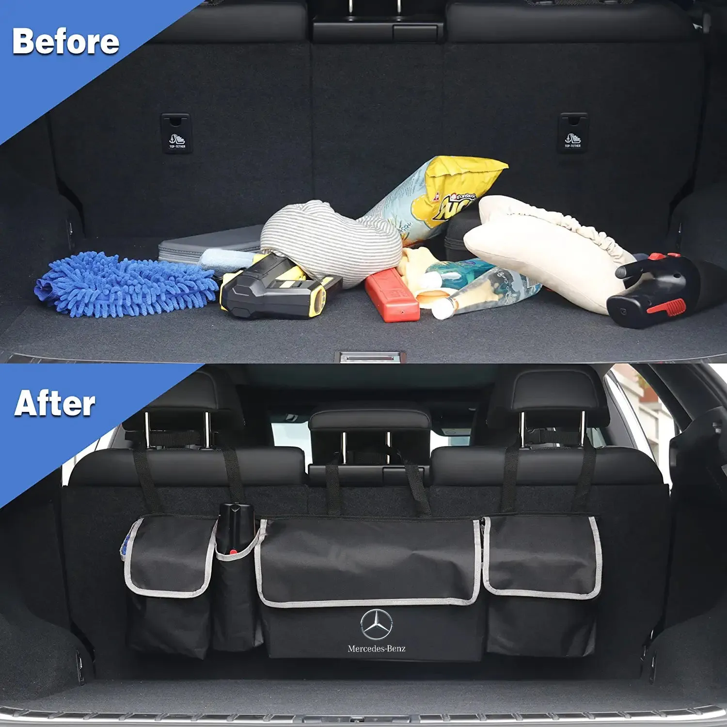 Car Trunk Hanging Organizer, Thick Backseat Trunk Storage Bag with 4 Pockets and 3 Adjustable Shoulder Straps, Foldable Car Trunk Interior Accessories Releases Your Trunk Space