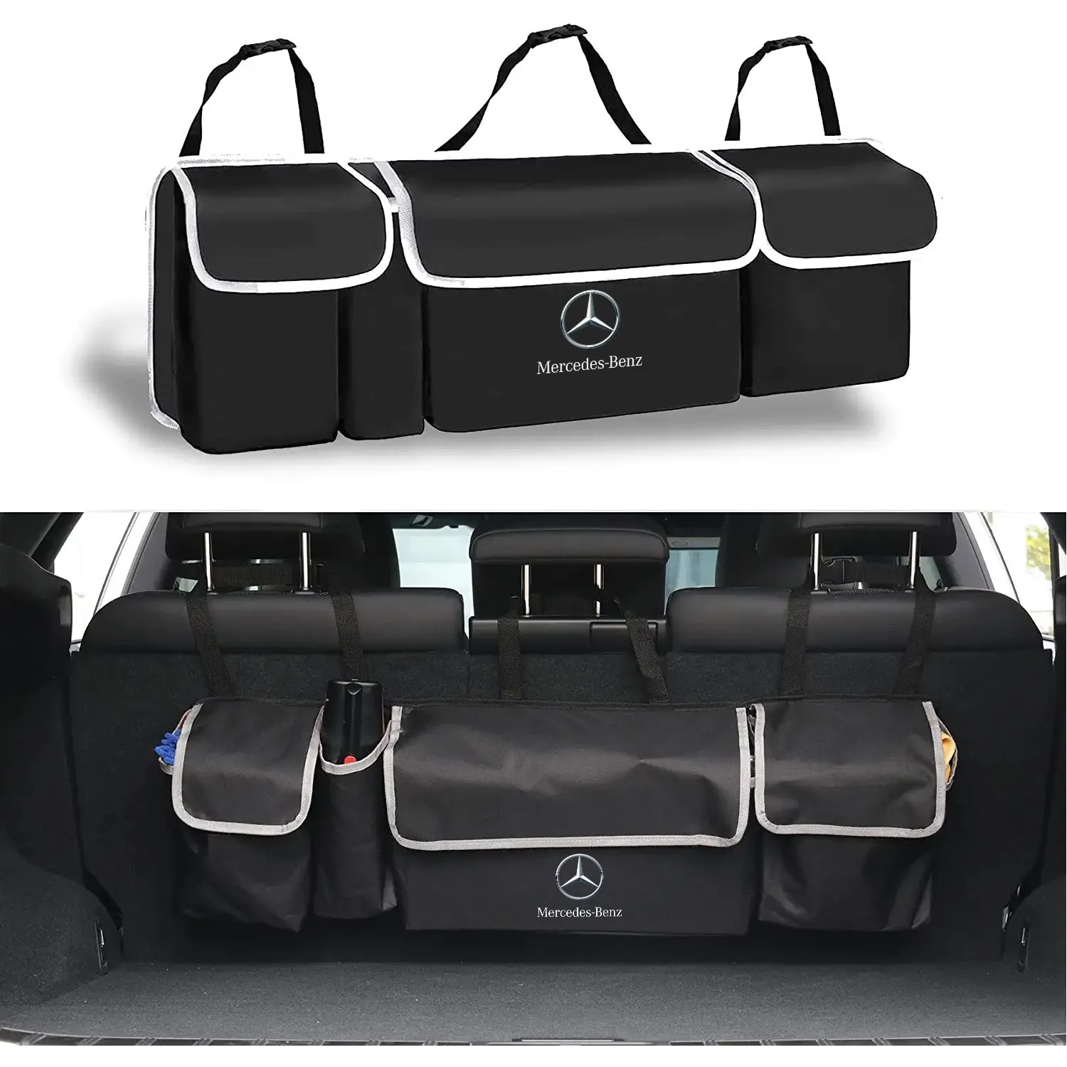 Car Trunk Hanging Organizer, Thick Backseat Trunk Storage Bag with 4 Pockets and 3 Adjustable Shoulder Straps, Foldable Car Trunk Interior Accessories Releases Your Trunk Space