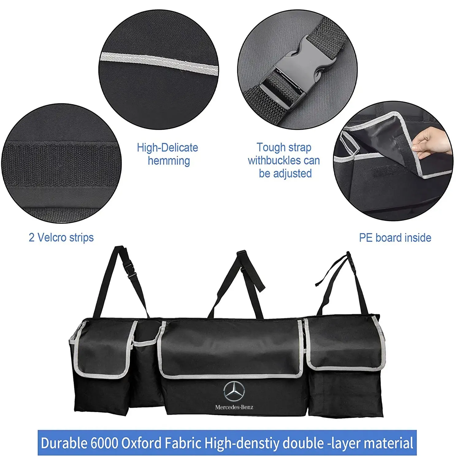Car Trunk Hanging Organizer, Thick Backseat Trunk Storage Bag with 4 Pockets and 3 Adjustable Shoulder Straps, Foldable Car Trunk Interior Accessories Releases Your Trunk Space