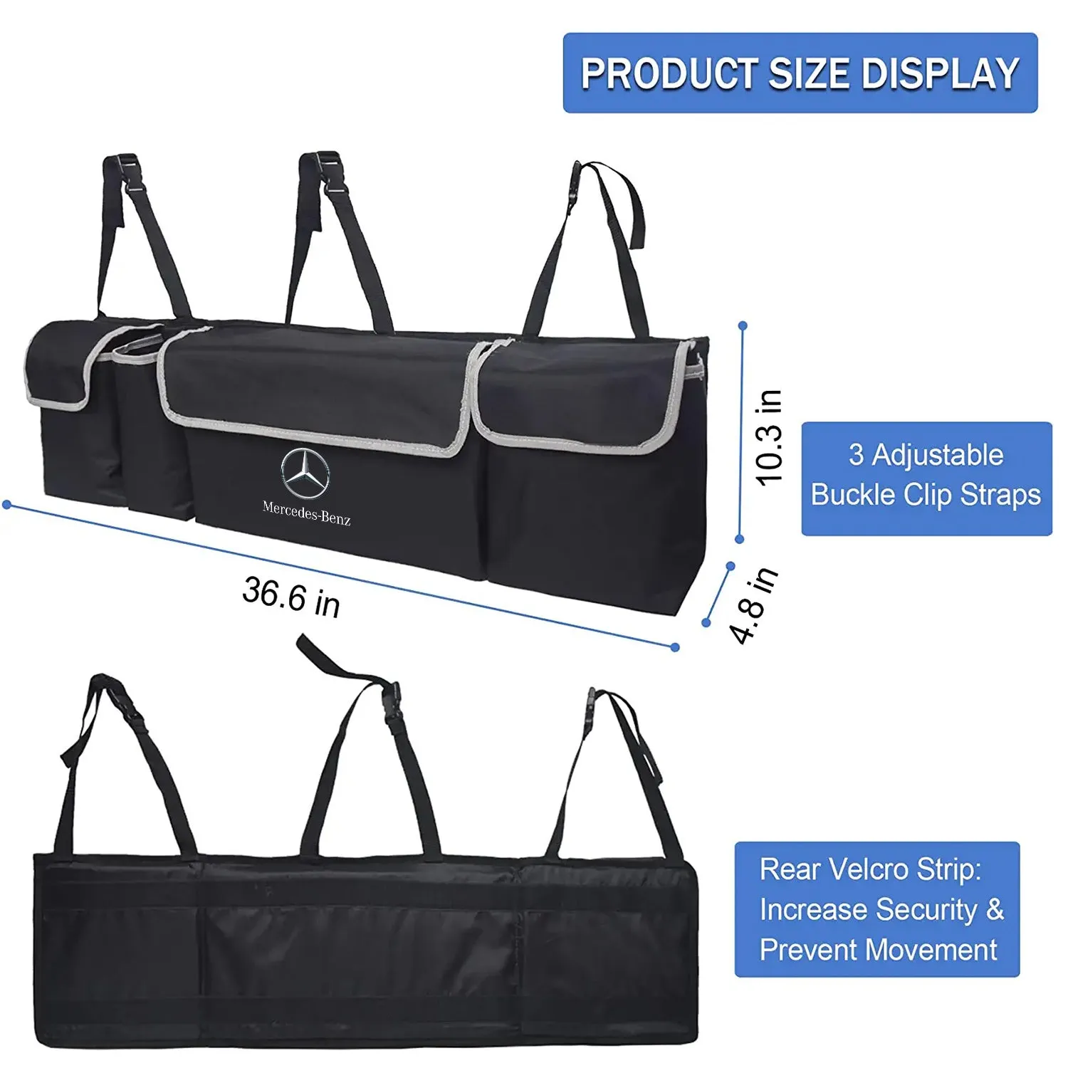 Car Trunk Hanging Organizer, Thick Backseat Trunk Storage Bag with 4 Pockets and 3 Adjustable Shoulder Straps, Foldable Car Trunk Interior Accessories Releases Your Trunk Space