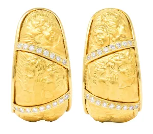 Carrera Y Carrera Diamond 18 Karat Yellow Gold Repoussé Cherub Vintage J Hoop Earirngs