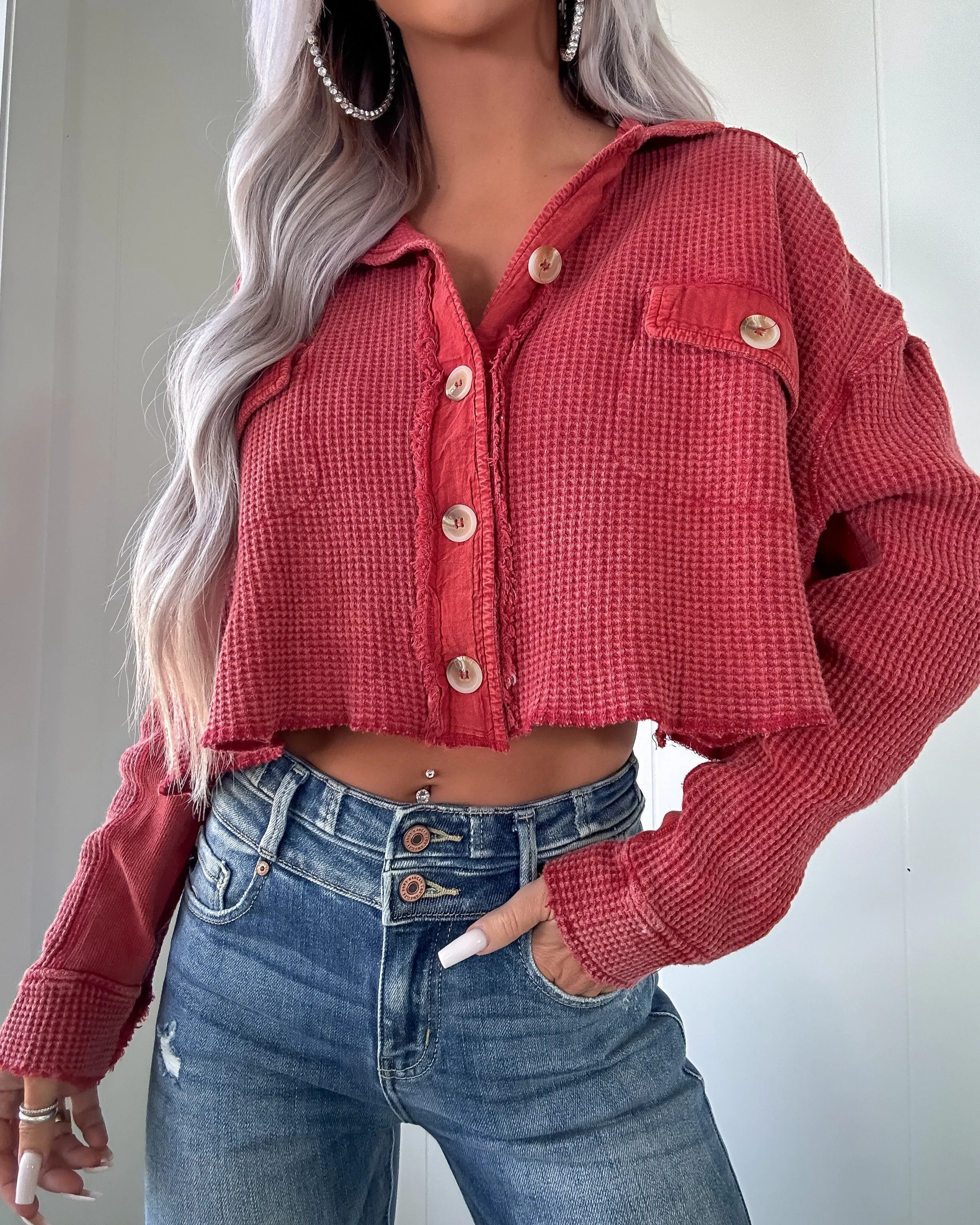 Catching Fall Button Down Waffle Crop Top - Red