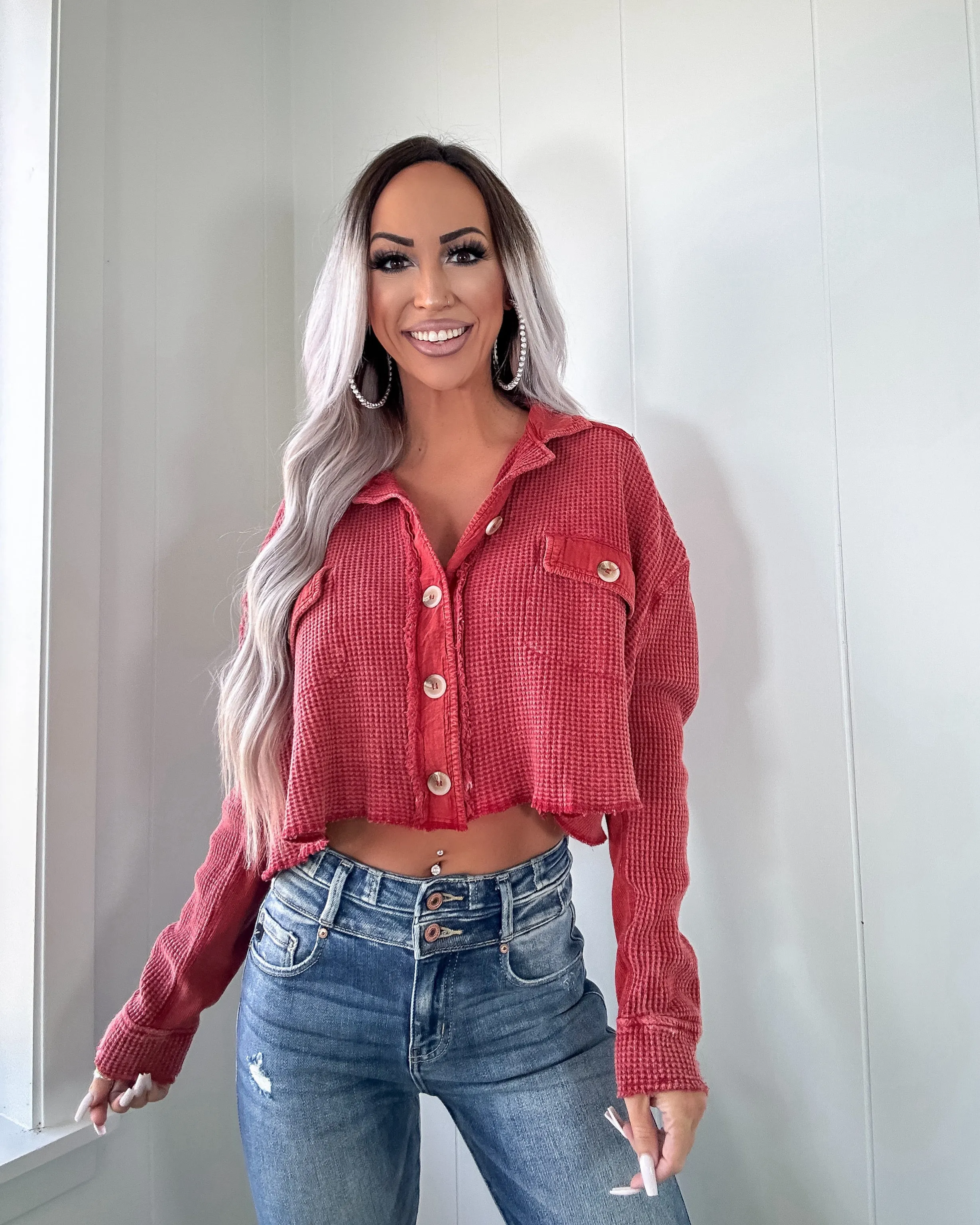 Catching Fall Button Down Waffle Crop Top - Red