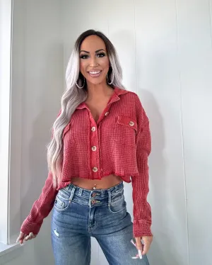 Catching Fall Button Down Waffle Crop Top - Red