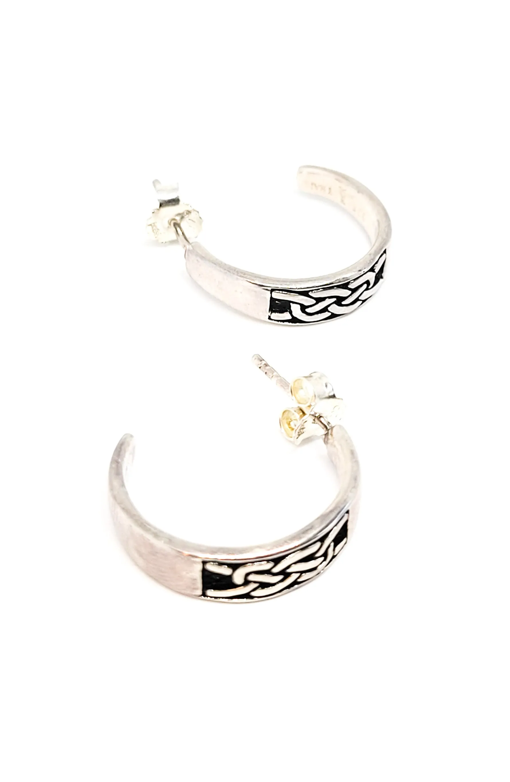 Celtic Trinity knot black enamel sterling silver vintage hoop earrings signed 925