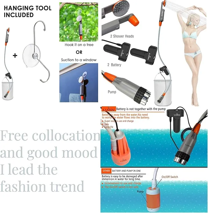 COSWE Portable Camping Shower, Outdoor Camp Pump with Rechargeable 4400mAH Battery and 130LM Led Lighting Device for Camping Hiking Outdoor Beach Garden